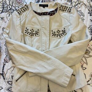 Western Biker style embellished faux leather white jacket